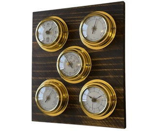 Weather Station - Barometer Clock Tide Clock Hygrometer Thermometer - Wood and Brass