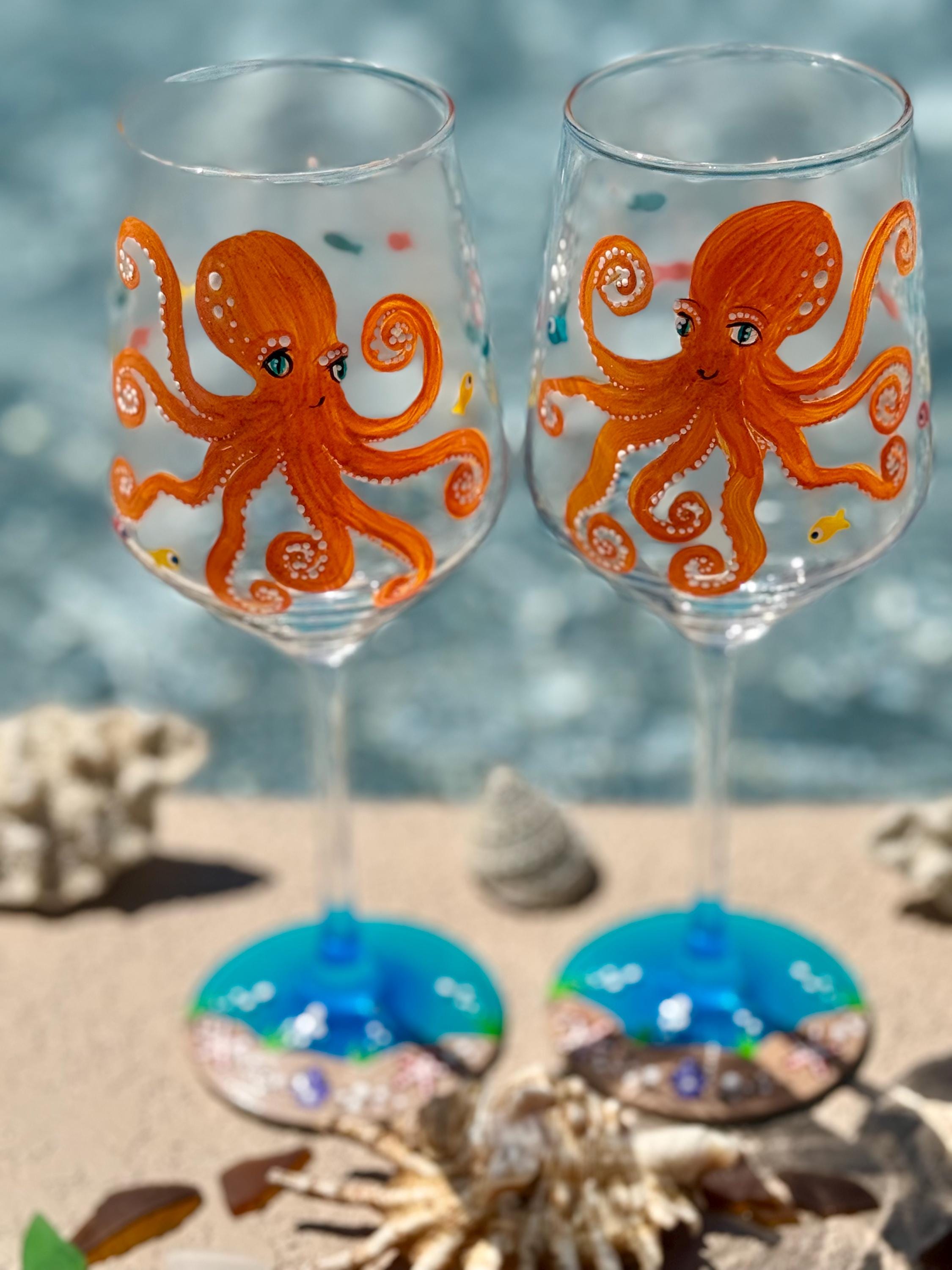 Hand Painted Octopus Wine Glass - Etsy