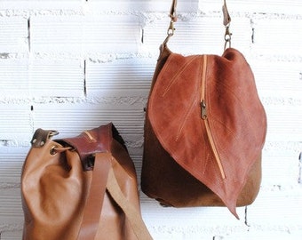 Leather bag , leather backpack , Forest ,De Cuir