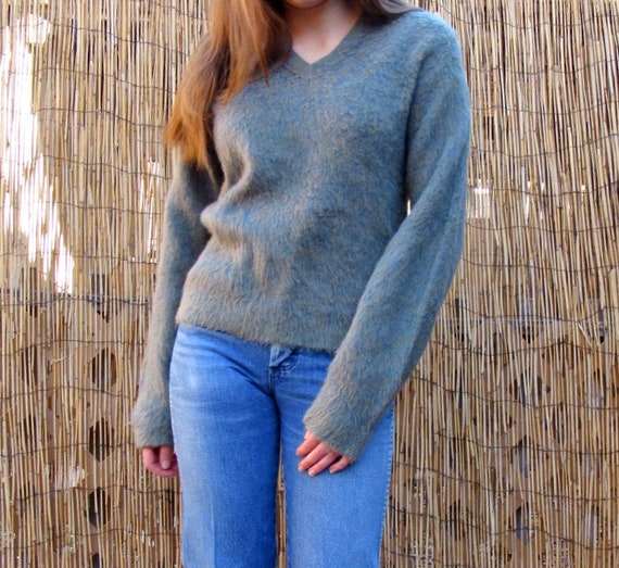 Vintage 60s Sears Fuzzy Mohair Dark Blue-Green V N