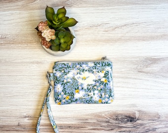 Minimalist wallet - Wristlet Wallet - Rifle Paper Co. Daisy Fields in Blue Metallic