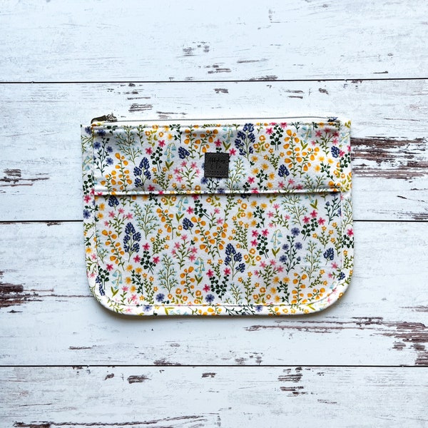 Half Clear Flat Pouch - Floral on White, Zipper Pouch, Top Zip Pouch, Cosmetic Bag, Project Bag, Project Pouch, Organizer Bag