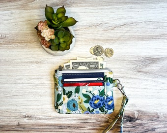 Minimalist wallet - Wristlet Wallet - Rifle Paper Co. Vintage Blossom in Mint/Blue Metallic
