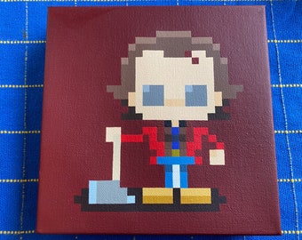 May include: Pixel art painting of a character with brown hair, wearing a red and black plaid shirt, blue jeans, and holding a silver shovel. The background is a dark red.