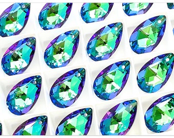 May include: Close-up of iridescent teardrop-shaped crystals. Each crystal is faceted, displaying a spectrum of colors including blue, green, and purple. The crystals are arranged in a grid pattern, perfect for jewelry making or craft projects.