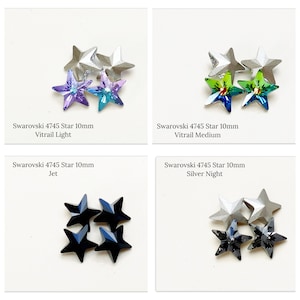 May include: Four 10mm Swarovski star-shaped crystals in different colors: Vitrail Light, Vitrail Medium, Jet, and Silver Night.