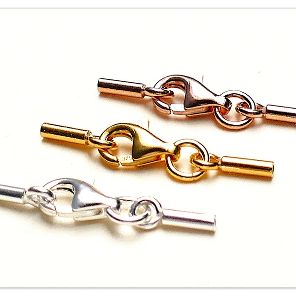 1mm Echtsilber Endkappen mit Karabiner Verschluss Silber Endstück mit Öse Rose Gold vergoldete 925 Bandkappen Sterlingsilber Ketten Kappe