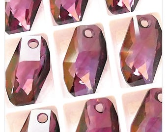 May include: Ten purple glass teardrop-shaped beads with a hole at the top for stringing. The beads have a faceted design and a slight iridescent shimmer.
