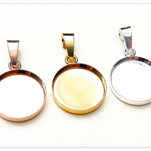 14mm Silver round cabochon pendant findings 925 coin base elements for resins 18K rose gold plated blank socket components bezel cup