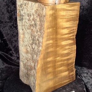 May include: A handcrafted wooden box with a natural bark edge on one side. The box is rectangular with a flat, round lid. A small, gray stone sits atop the lid. The wood has a warm, golden hue.