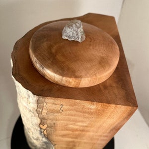 Puede incluir: Una caja de madera con tapa, hecha de un tronco de árbol, con una pequeña piedra gris en la parte superior de la tapa.