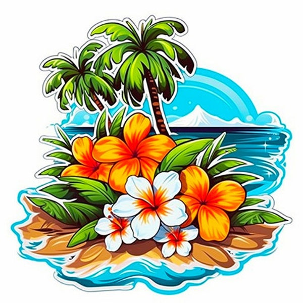 Island Tropical Hawaii Hibiscus Flower Palm Tree Ocean Beach Sand Boat Yacht sign vinyl bumper sticker decal