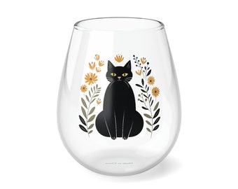 Vintage-Inspired Black Cat Yellow Flowers Vector Illustration Mid-Century Charm, Romantic and Enchanting Art | Stemless Wine Glass, 11.75oz