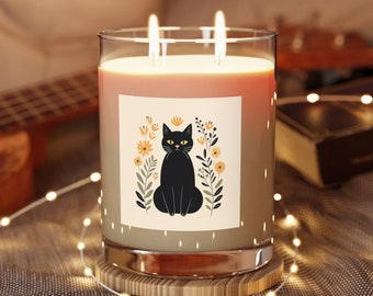 Vintage-Inspired Black Cat with Yellow Flowers Vector Illustration Mid-Century Charm Romantic and Enchanting Art Candle soy glass 11oz