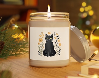 Vintage-Inspired Black Cat with Yellow Flowers Vector Illustration - Mid-Century Charm, Romantic and Enchanting Art Scented Candles, 9oz