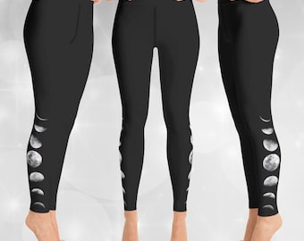 Moon Phases 7/8 Yoga Leggings w/ Pocket | Boho Hippie Hipster Moon Astrology Galaxy Magic Night Sky Black White Universe Space Fantasy Comfy