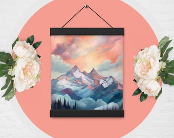 Alpenglow Serenade: Hanging Poster Set | mountain print, sunrise landscape, sunset art, nature scene, gift idea, baltic wood, watercolor ink