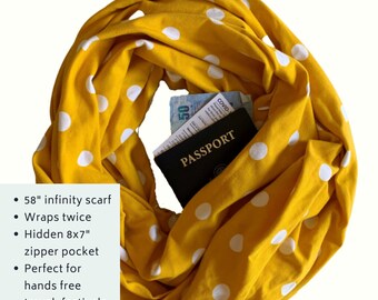 Yellow Polka Dot | Hidden Pocket Infinity Scarf | Passport Cute Travel Gift | Wallet Money Belt | Christmas Gift Women | Mask holder