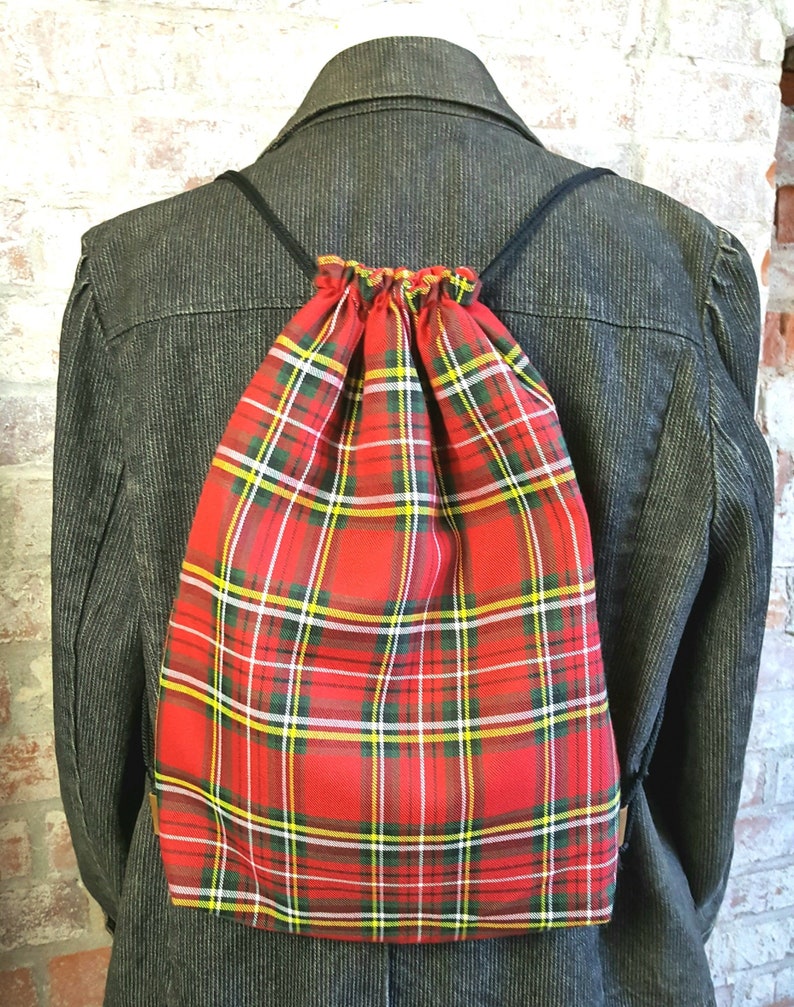 Grey /& Red Plaid Drawstring Backpack
