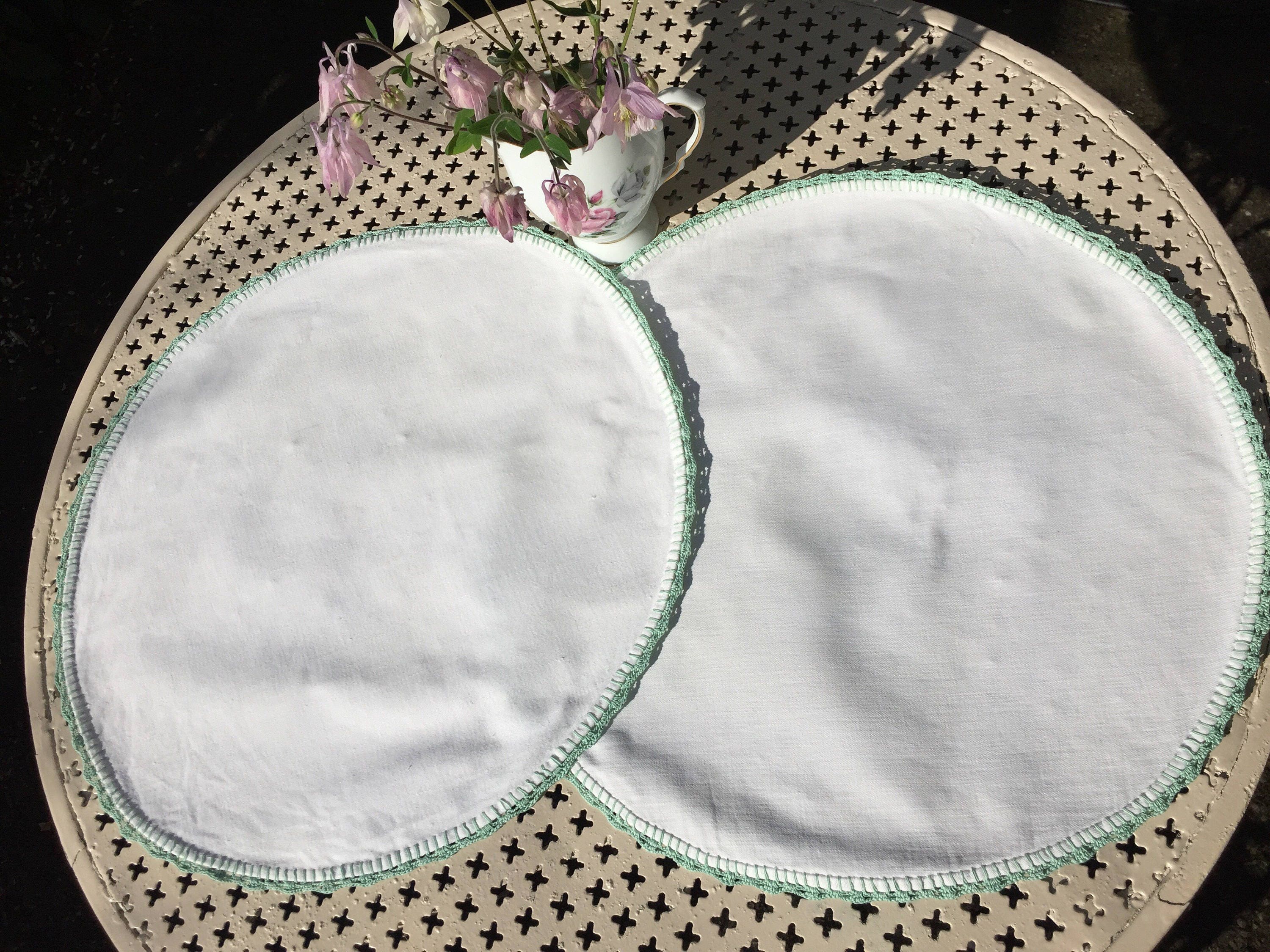 2 Large White Linen Doilies Embroidered Green Edged Dressing