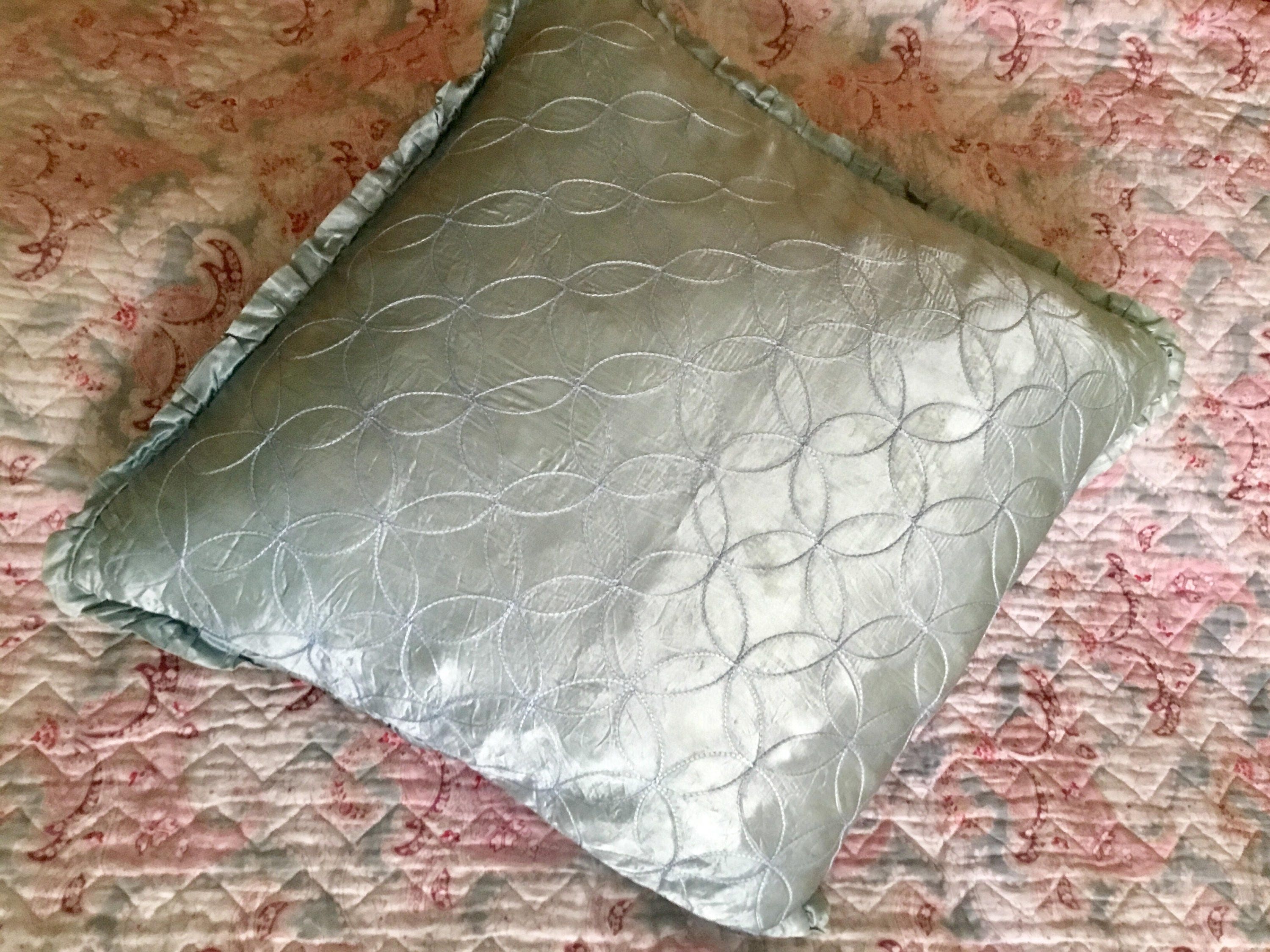 Vintage blue satin cushion cover, pillow cover, shiny grey blue, frilly