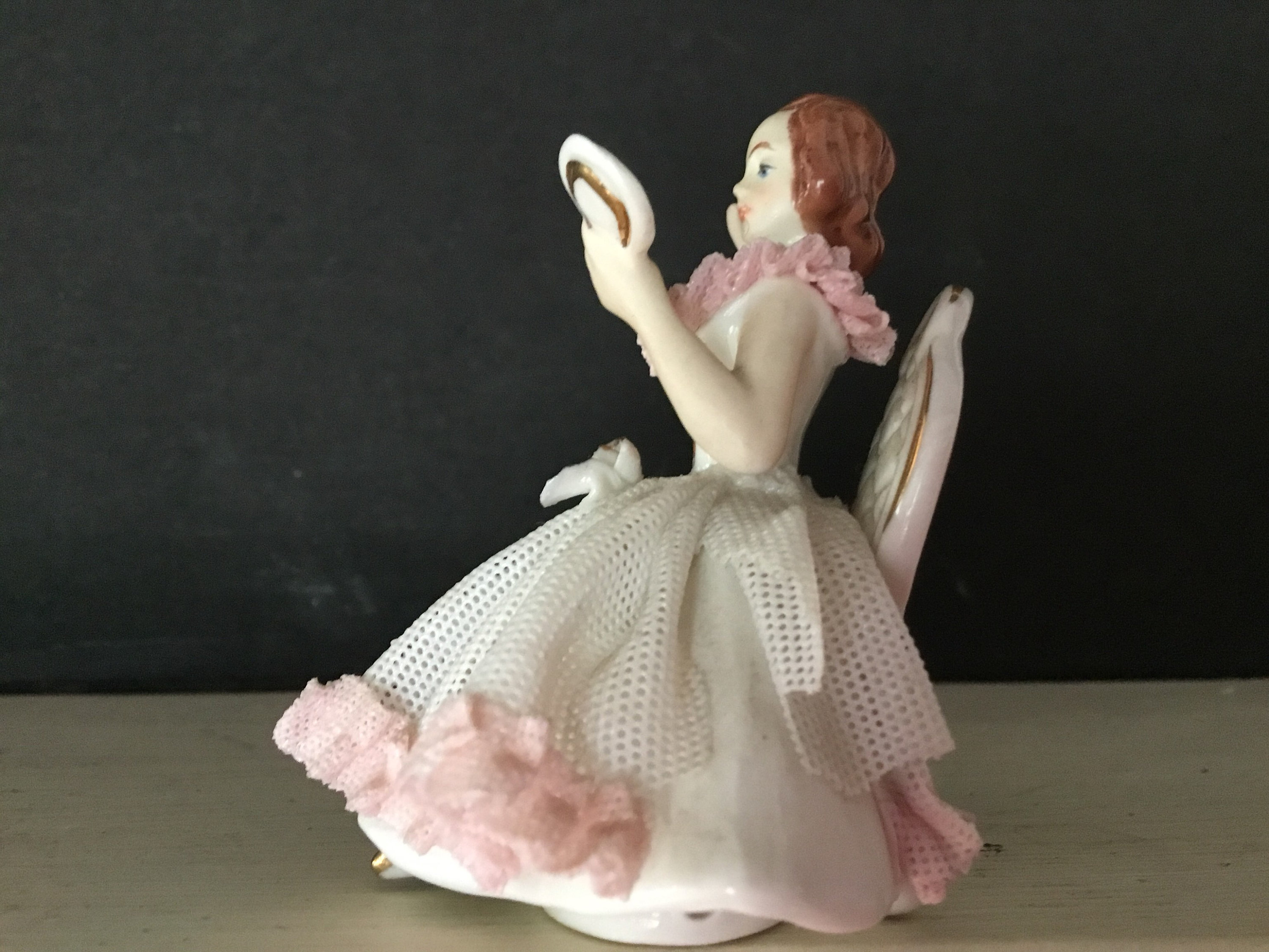 SALE Dresden doll lace figurine, Bavaria Wedt Germany, pink & white