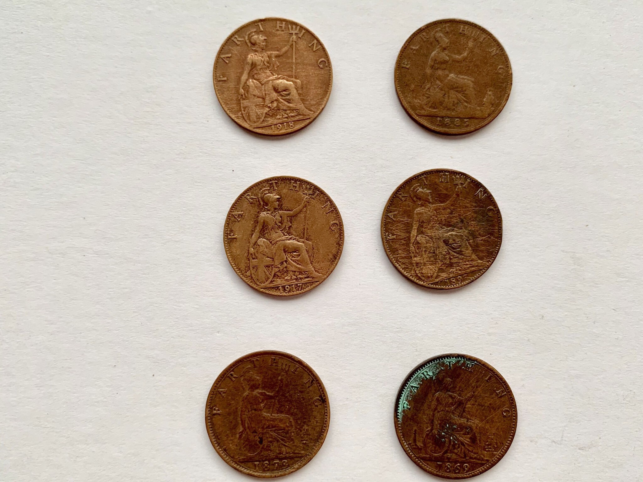 Britannia Farthings coins set of six, dating from 18691918, circulated