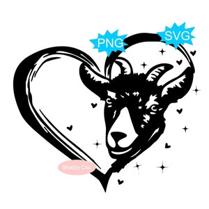 May include: Black and white silhouette of a goat's head inside a heart shape with a "Shabby Chic" text label at the bottom. The heart is surrounded by small hearts and stars.