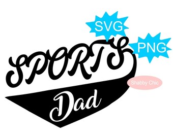 以下が含まれることがあります： 「SPORTS Dad」の文字がスタイリッシュなフォントでデザインされた白黒のグラフィック。 「SPORTS」の文字は筆記体で、「Dad」はより伝統的なフォントです。 「SVG」と「PNG」のタグが含まれています。