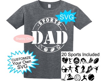 以下が含まれることがあります： グレーのTシャツに、白の円形のデザインが施されています。円の中には「SPORTS. DAD.」の文字と、野球ボール、バスケットボール、アメリカンフットボール、サッカーボールが描かれています。「SVG」の文字は青い星形の吹き出しの中にあります。「CUSTOMIZE Your Own SVG」の文字は青い星形の吹き出しの中にあります。画像の下には「20 Sports Included」の文字があり、その下に白黒のスポーツアイコンが20個並んでいます。