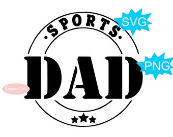 以下が含まれることがあります： 太字の「DAD」という言葉が特徴の白黒グラフィックデザイン。 「SPORTS。」と3つの星で囲まれています。 「SVG」と「PNG」のタグと「Shabby Chic」のロゴが含まれています。