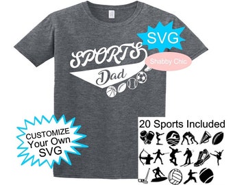 以下が含まれることがあります： 白地に「SPORTS Dad」の文字が書かれたグレーのTシャツ。様々なスポーツボールの白いシルエットが描かれている。ピンクの円の中に「SVG Shabby Chic」の文字。左下には「CUSTOMIZE Your Own SVG」の文字が書かれた青い星形。右下には「20 Sports Included」の文字と、白地に20個の白黒のスポーツアイコンが描かれた紙がある。