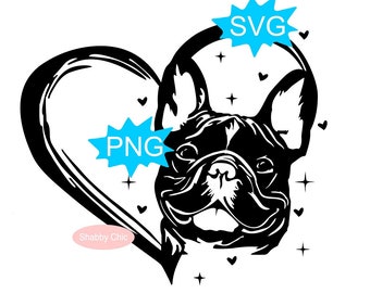 Puede incluir: Silueta en blanco y negro de la cabeza de un Bulldog Francés dentro de una forma de corazón con las palabras "PNG" y "SVG" en burbujas de diálogo azules.