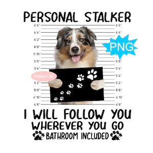 May include: A black and white image of an Australian Shepherd dog holding a sign that says "I will follow you wherever you go, bathroom included". The dog is standing in front of a white background with a black and white height chart behind it. The sign has paw prints on it.
