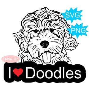 Könnte beinhalten: Schwarz-weiß-Linienzeichnung eines Pudels mit dem Text "Ich liebe Pudel" und einem roten Herzen. Das Bild enthält auch den Text "Shabby Chic" und die Wörter "SVG" und "PNG" in blauen Sprechblasen.