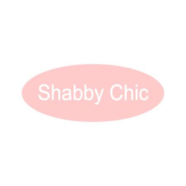 May include: A pink oval sticker with the text "Shabby Chic" in white.