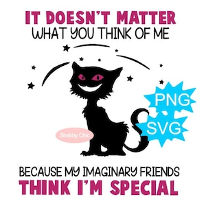 May include: Black silhouette of a cat with pink eyes and a mischievous grin. The cat is surrounded by stars and the text "IT DOESN'T MATTER WHAT YOU THINK OF ME BECAUSE MY IMAGINARY FRIENDS THINK I'M SPECIAL". The text is in pink and black. The image also includes the words "PNG" and "SVG" in blue and white.