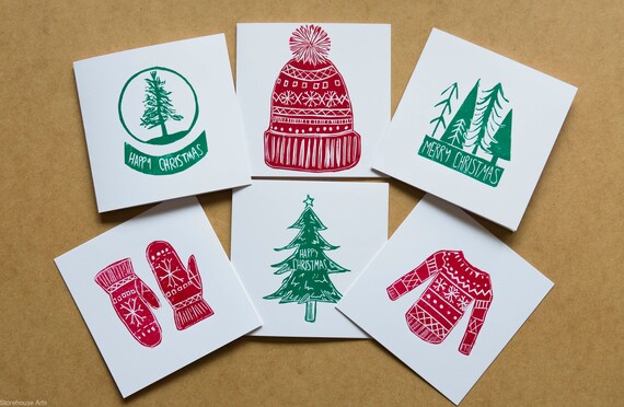 Lino printed Christmas cards 6 pack | Etsy