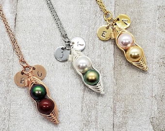 Personalized 2 Peas in a Pod Necklace with Initials, Swarovski Birthstone Pearl Pea Pod Necklace, Customized Peapod Necklace