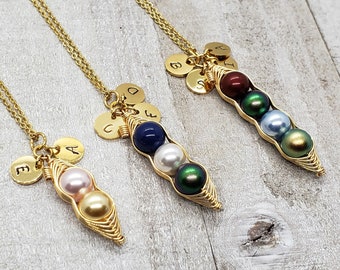 Gold 1, 2, 3, 4 Peas in a Pod Necklace with Initials, Swarovski Birthstone Pearl Pea Pod Necklace, Customized Initial Peapod Necklace