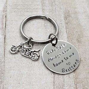 Ride Safe Key Chain with Motorcycle Charm, Always Come Home to Me Key Chain, Handstamp, Biker Gift, Be Safe Gift