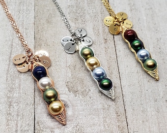 Personalized 4 Peas in a Pod Necklace with Initials, Swarovski Birthstone Pearl Pea Pod Necklace, Customized Initial Peapod Necklace