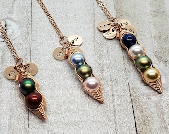Rose Gold 1, 2, 3, 4 Peas in a Pod Necklace with Initials, Swarovski Birthstone Pearl Pea Pod Necklace, Customized Initial Peapod Necklace