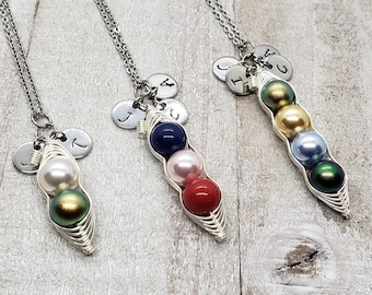 Silver 1, 2, 3, 4 Peas in a Pod Necklace with Initials, Swarovski Birthstone Pearl Peapod Necklace, Customized Initial Pea Pod Necklace
