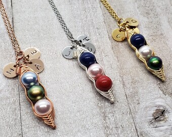 Personalized 3 Peas in a Pod Necklace with Initials, Swarovski Birthstone Pearl Pea Pod Necklace, Custom Initial Peapod Necklace
