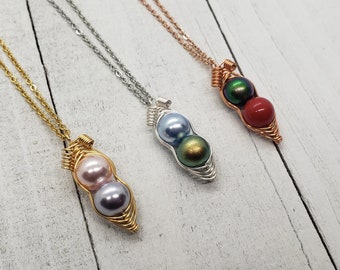 Customize Two Peas In A Pod Pendant Necklace, Swarovski Birthstone Pearl Peapod Necklace, Peas in a pod necklace, you choose color