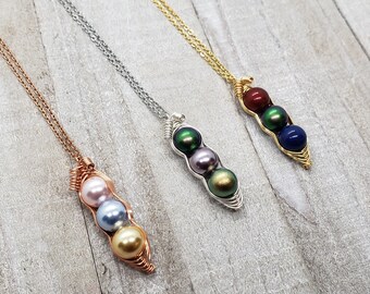 Customize 3 Peas In A Pod Necklace, Swarovski Birthstone Pearl Peapod Necklace, 3 Pea Pod Necklace, Best Friend Gift, Birthday Gift
