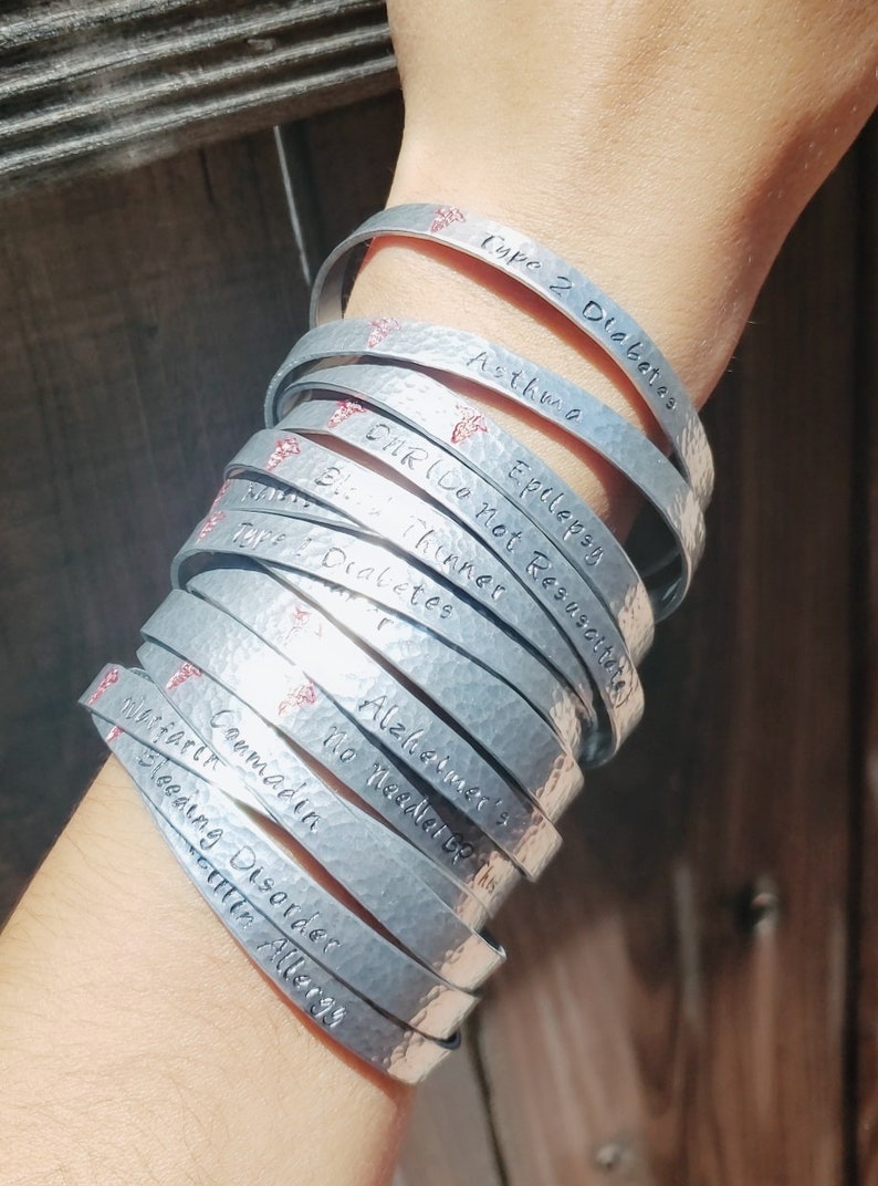Personalized Inside Stamping Available Type 2 Diabetes Handmade Medical Alert ID Bracelet for Women Adjustable Medical Bracelets Cuff