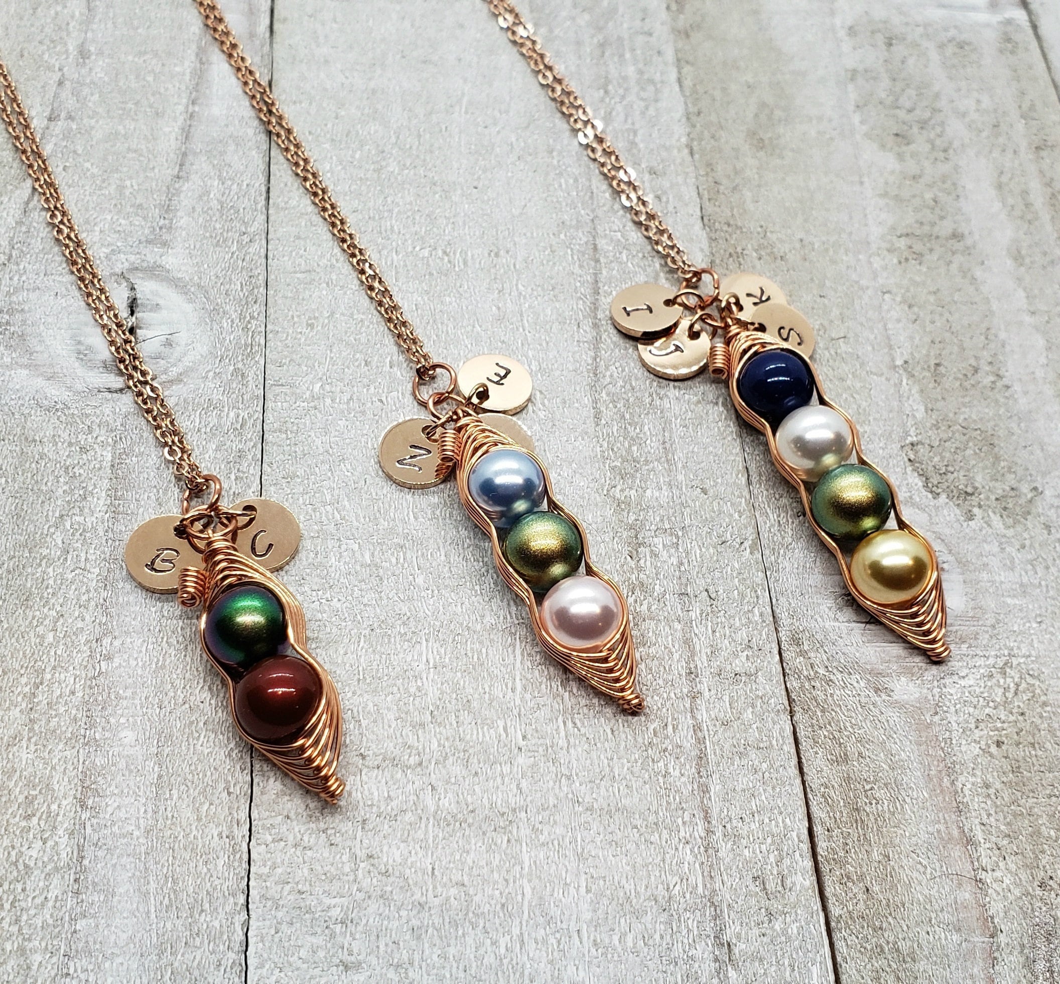 Rose Gold 1, 2, 3, 4 Peas in a Pod Necklace with Initials, Swarovski