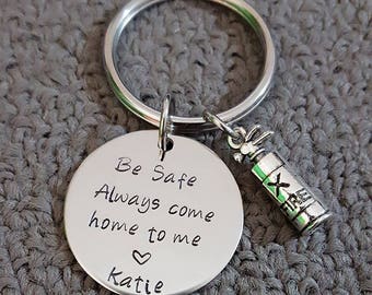Be Safe Key Chain w/ Fire extinguisher, Always Come Home to Me Key Chain, Handstamp, Firefighter Gift, Be Safe Gift